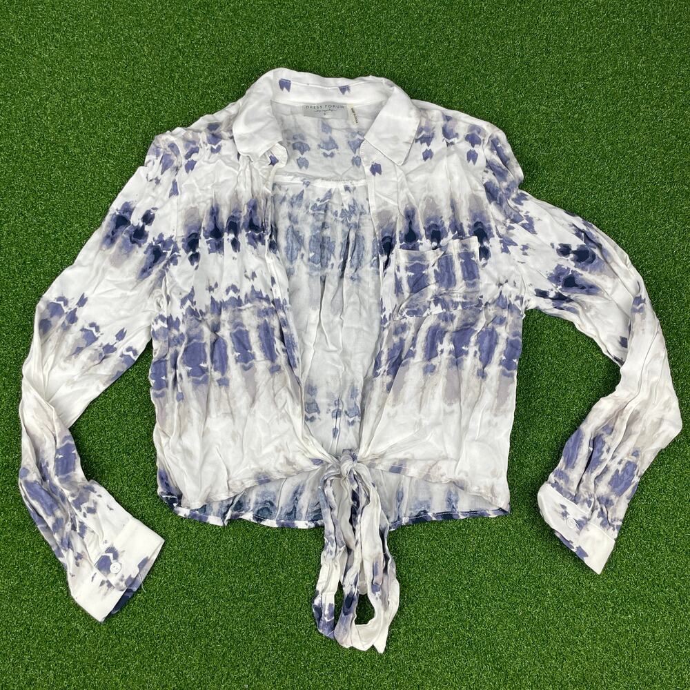 Vintage Dress Forum White Blue Tie Dye Long Sleeve Tie Front Crop Blouse Sz S